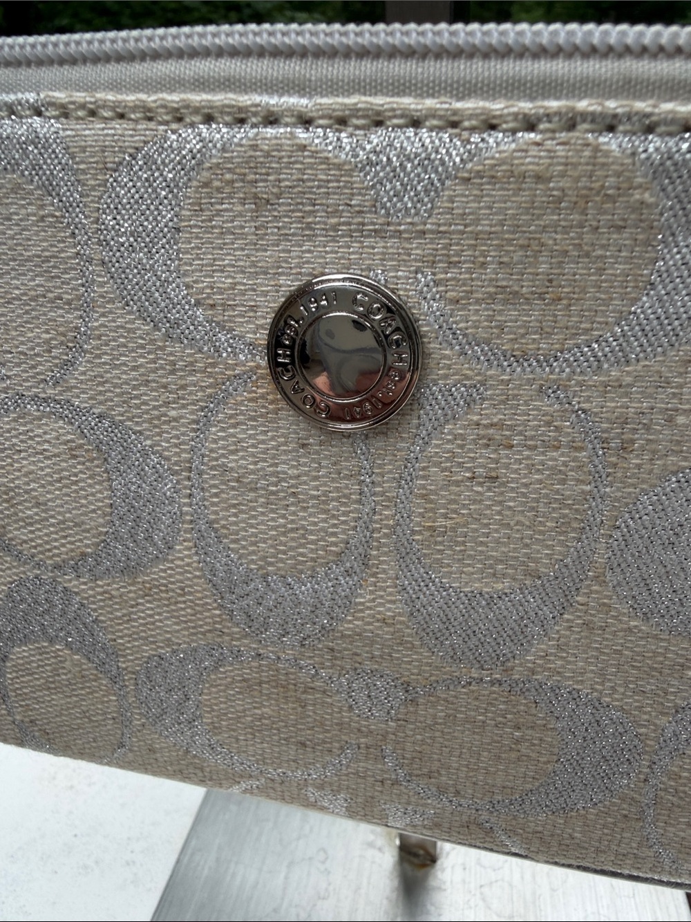 Coach Cream and Metallic Silver Signature  Logo Large Canvas Wristlet 7765 - Picture 7 of 16